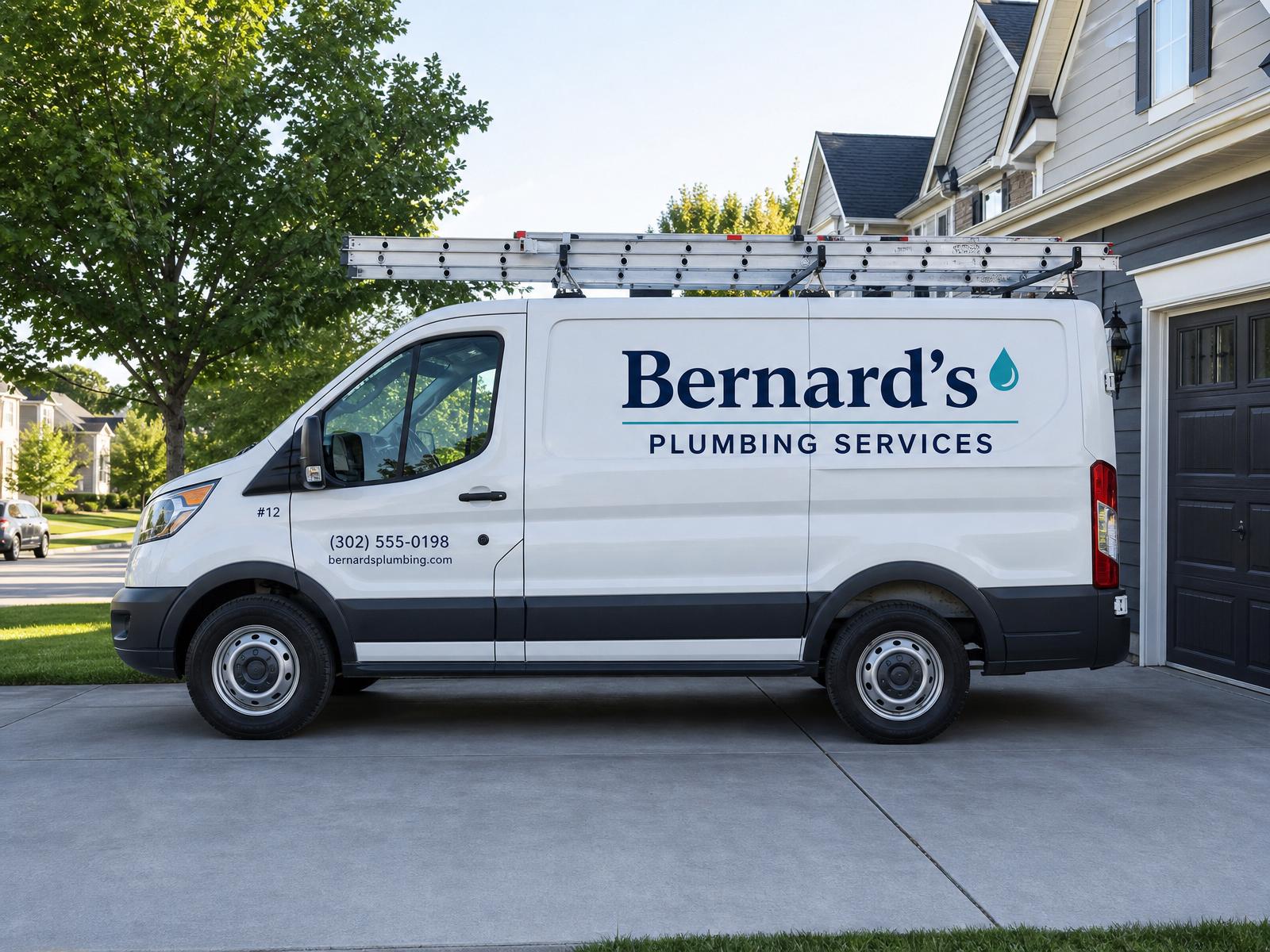 Bernard's Plumbing Services vehicle at a residential home